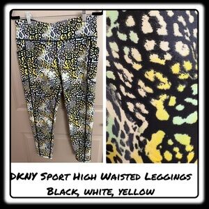 DKNY Sport High Waisted leggings. Black, white, yellow. Size XL. Capri (23-25)